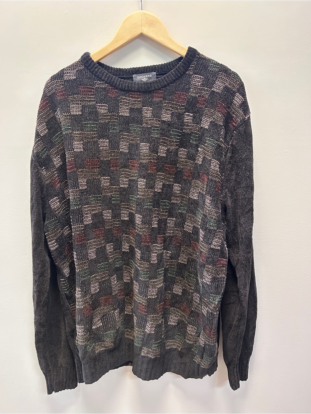 Dockers Men's Dark Gray Multicolor Check Crewneck Sweater